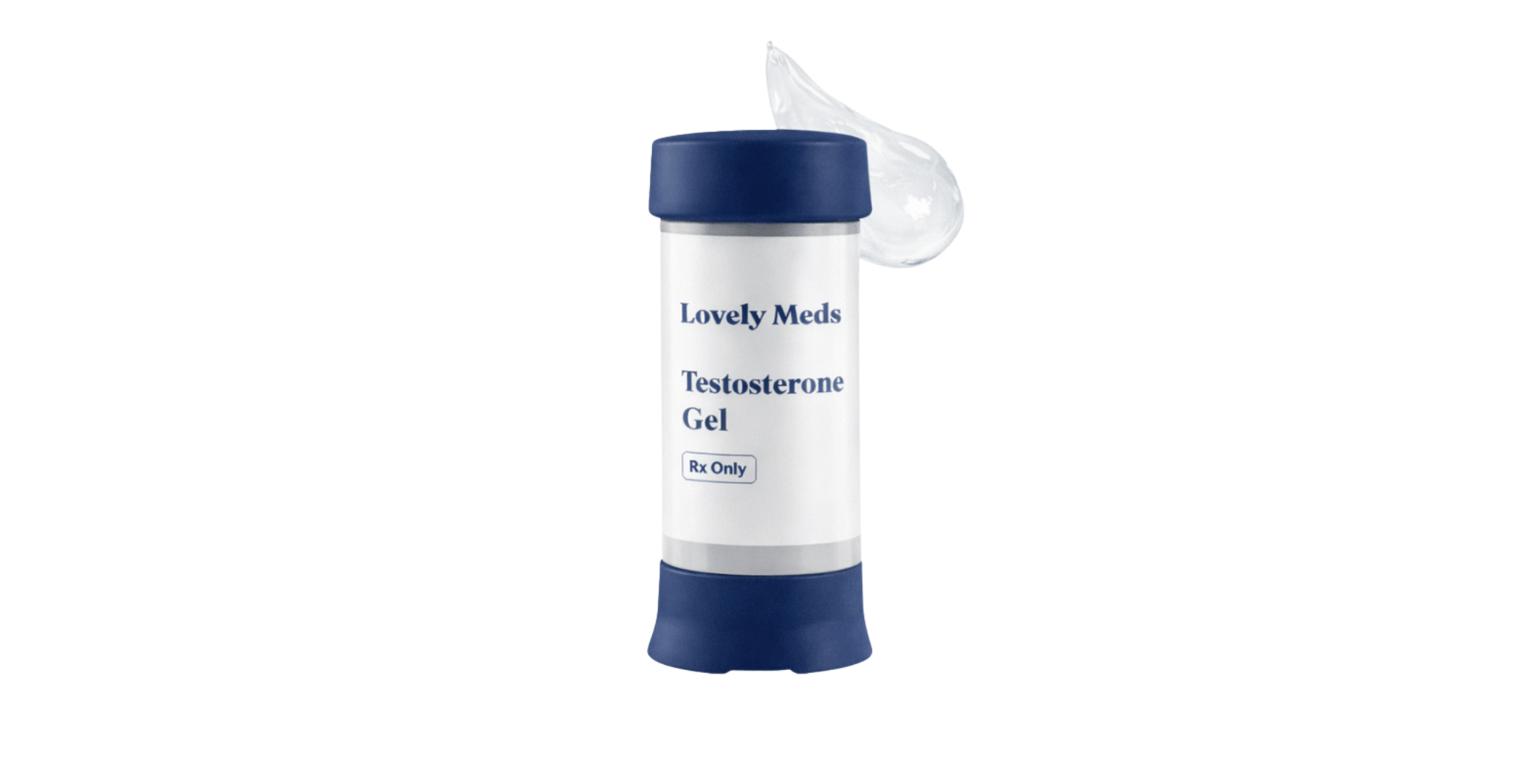 A container labeled 'Lovey Meds Testosterone Gel Rx Only' with a blue cap and a dollop of clear gel above it.