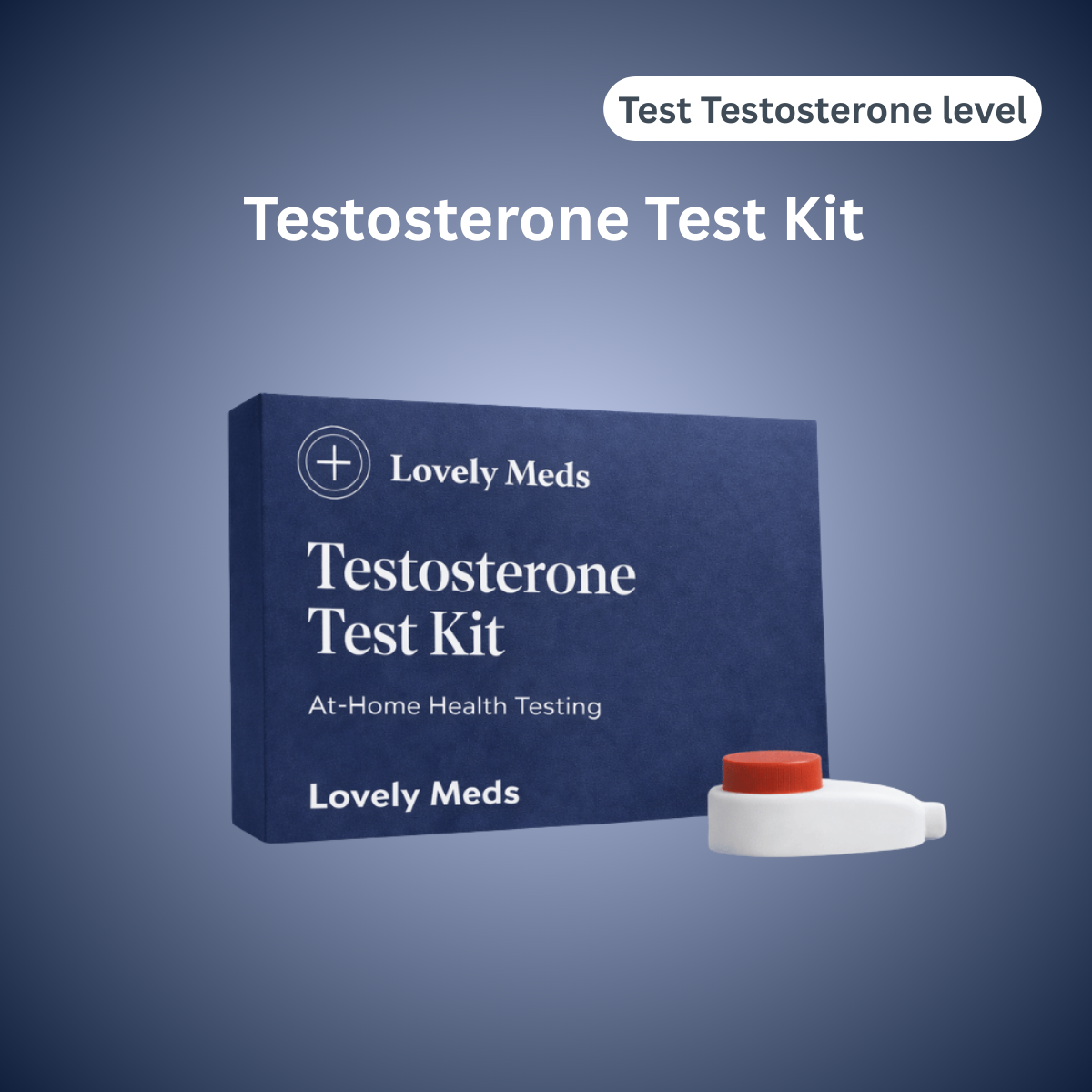 Box of at-home testosterone test kit labeled 'Lovely Meds,' with a test device featuring a red cap next to it.