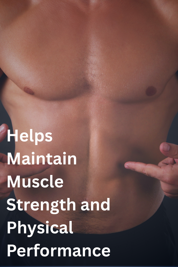 Close-up of a person's muscular chest and abdomen, with fingers pointing at their muscles, accompanied by text reading 'Helps Maintain Muscle Strength and Physical Performance.'