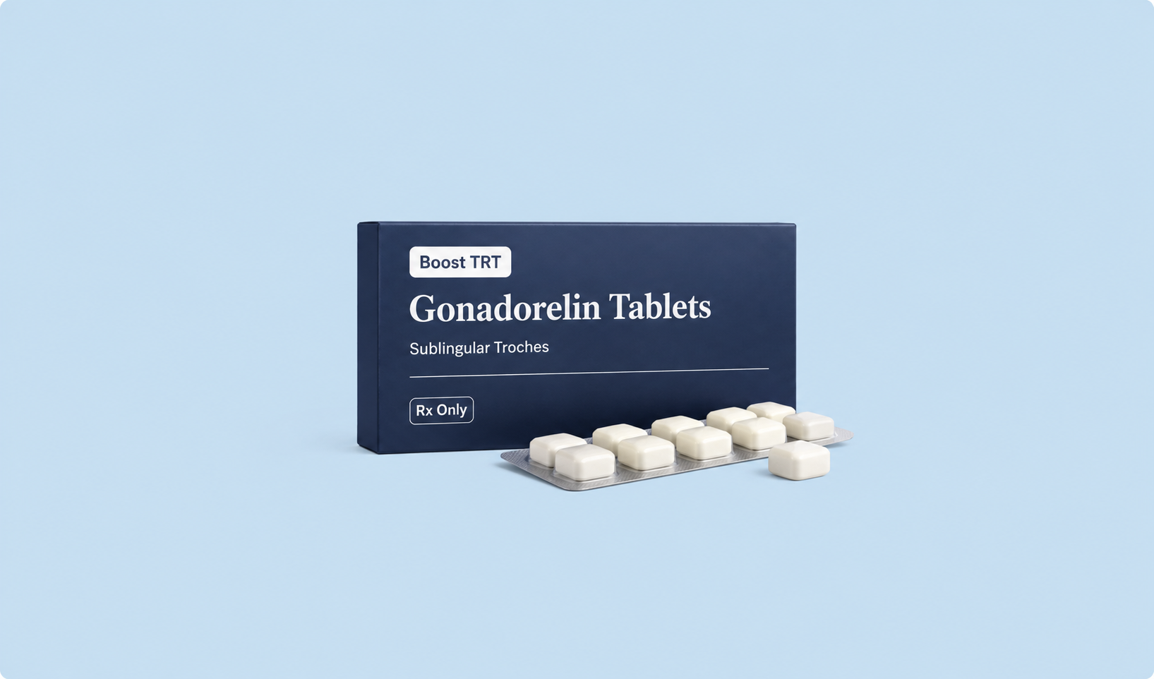 A blue box labeled 'Gonadorelin Tablets Sublingual Troches' with white tablets partially visible in the foreground.