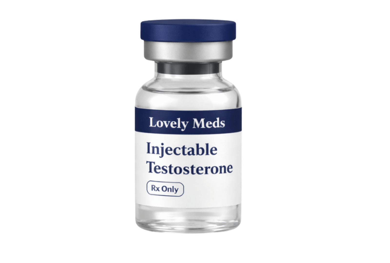 A small glass vial labeled 'Lovly Meds Injectable Testosterone, Rx Only,' with a blue cap, against a background with blocks of gray, purple, and bright cyan.