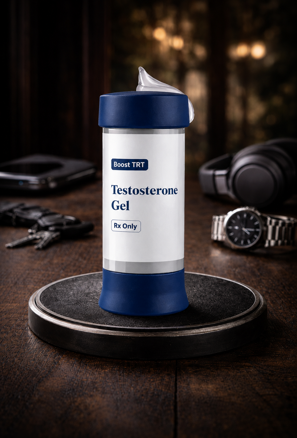 A container labeled 'Testosterone Gel' on a wooden table, with a watch, headphones, keys, and a phone in the background.