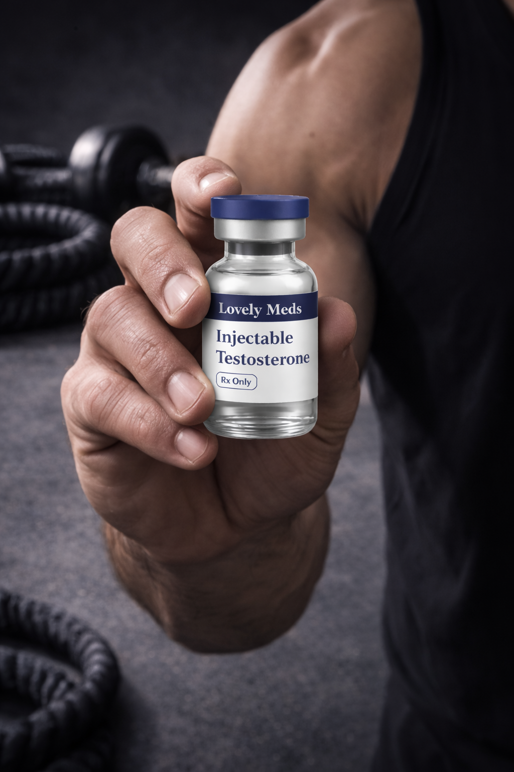 A person holding a small glass vial labeled 'Injectable Testosterone' with a blue cap and 'Rx Only' printed on it. In the background, there are gym equipment and weights.
