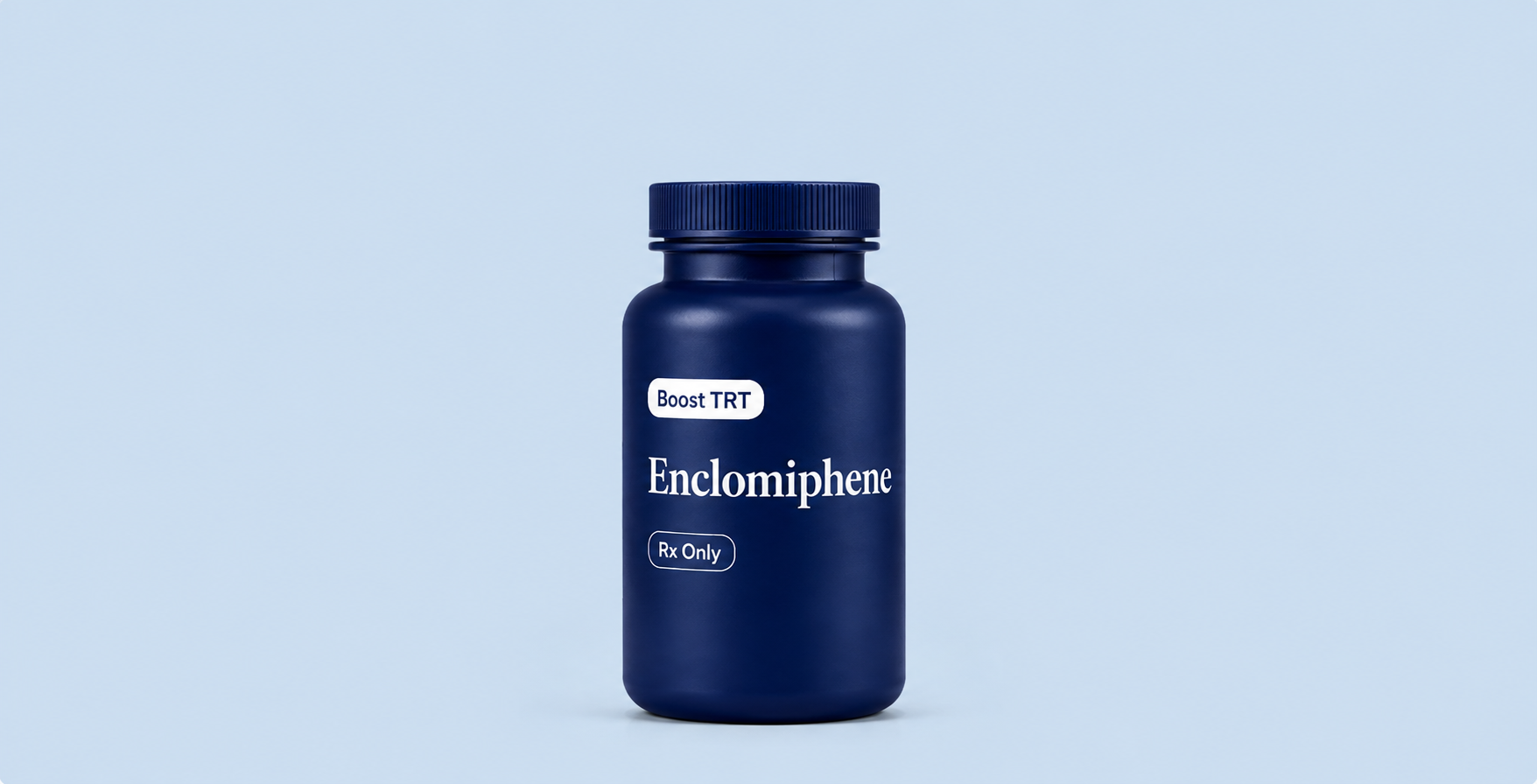 A blue medicine bottle labeled "Enclomiphene" with a blue cap on a light blue background.