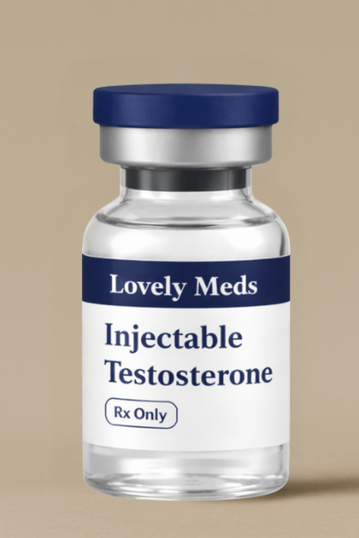 A small glass vial labeled 'Lovely Meds Injectable Testosterone' with a blue cap, on a beige background.