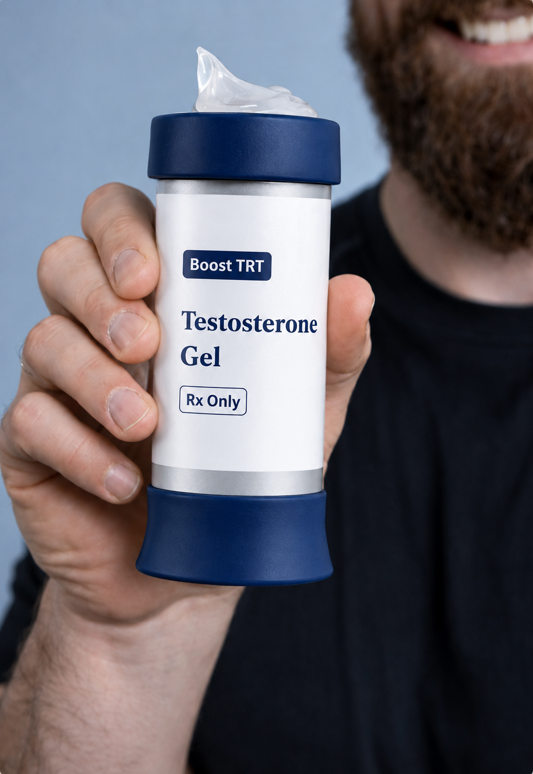 Man holding gel bottle called 'Boost TRT, Testosterone Gel, RX Only' smiling