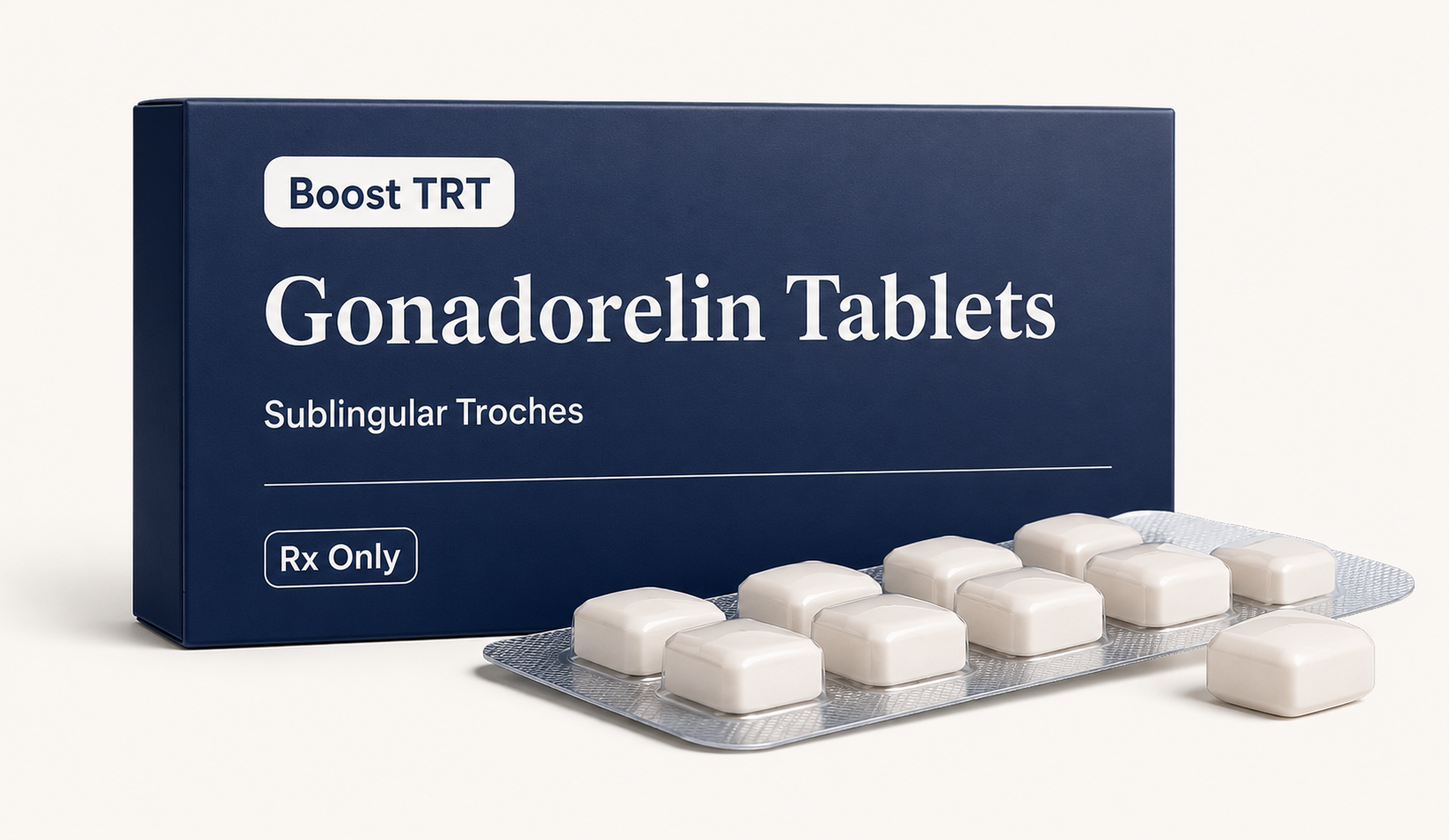 A blue box labeled "Gonadorelin Tablets" with white tablets in blister packs in front.