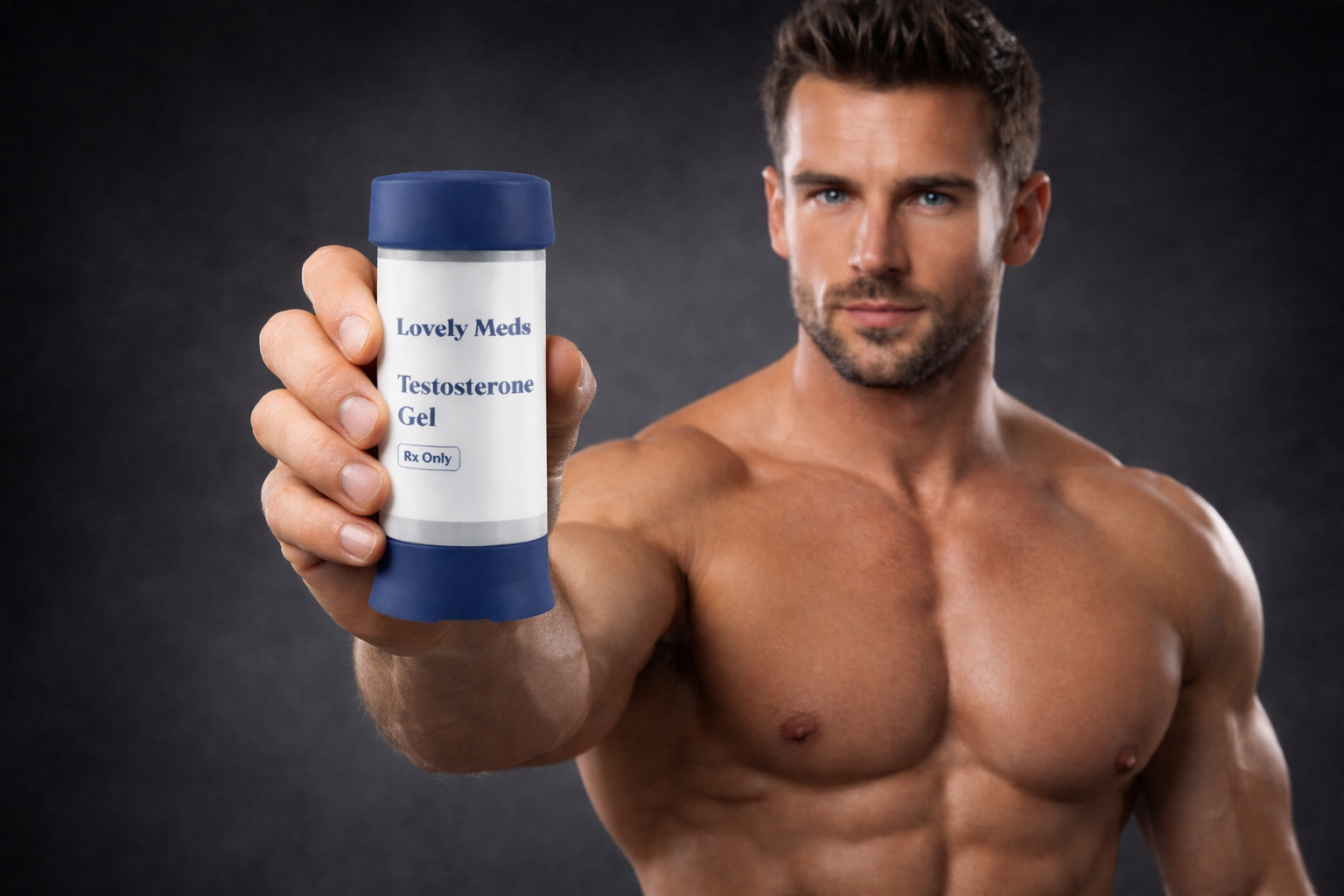 A shirtless man with short dark hair and a beard holding a container labeled 'Lovely Meds Testosterone Gel' in front of a dark background.