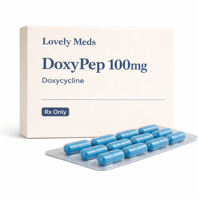 A box labeled 'Lovely Meds DoxyPep 100mg Doxycycline Rx Only' with a blister pack of blue capsules in front of it.