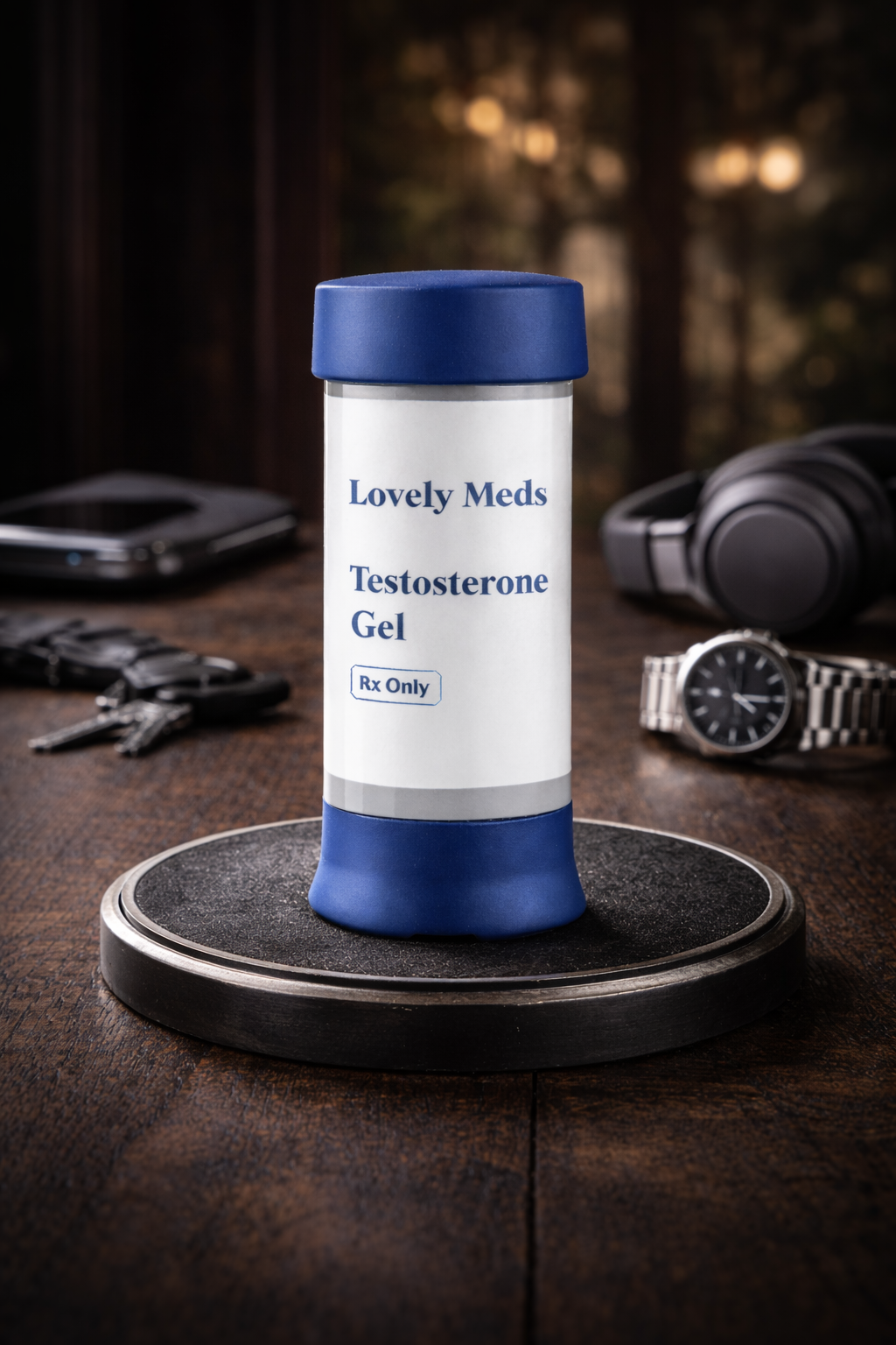 A container labeled 'Lovely Meds Testosterone Gel' on a wooden table, with a watch, headphones, keys, and a phone in the background.