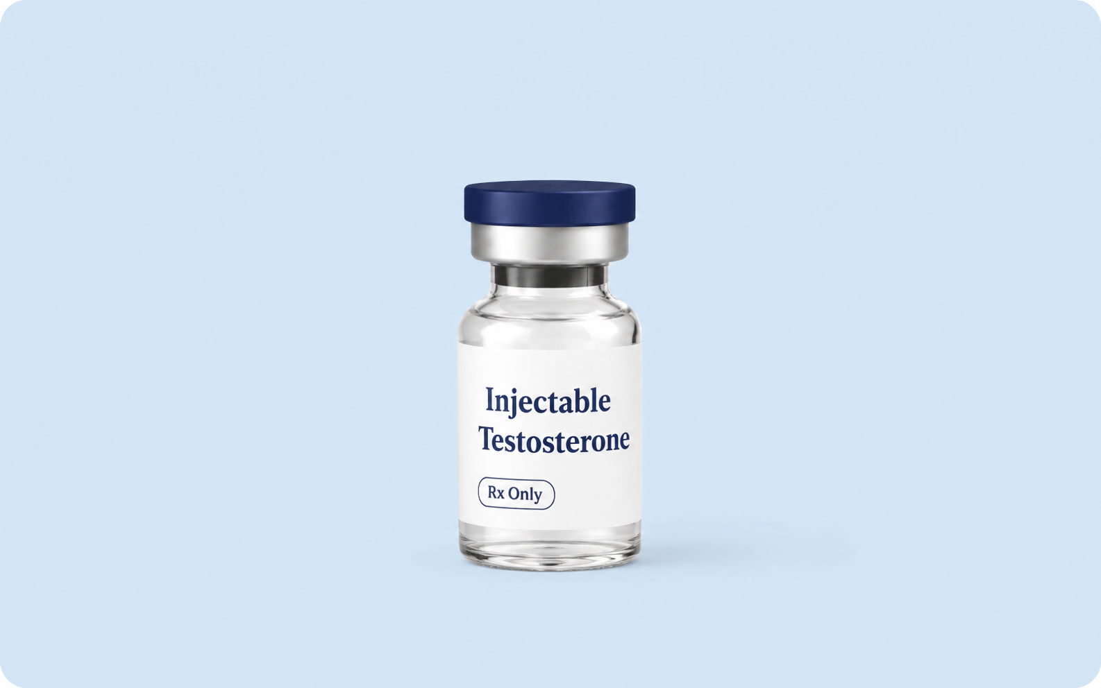 A small glass vial labeled "Injectable Testosterone." The label indicates it is a bottle of injectable testosterone. The background is a plain light blue.