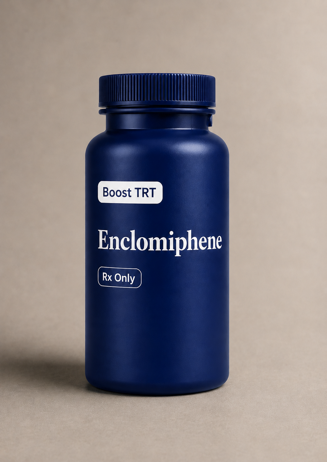 Blue bottle labeled 'Enclomiphene Rx Only' next to a few white pills, with a red and white box in the background.