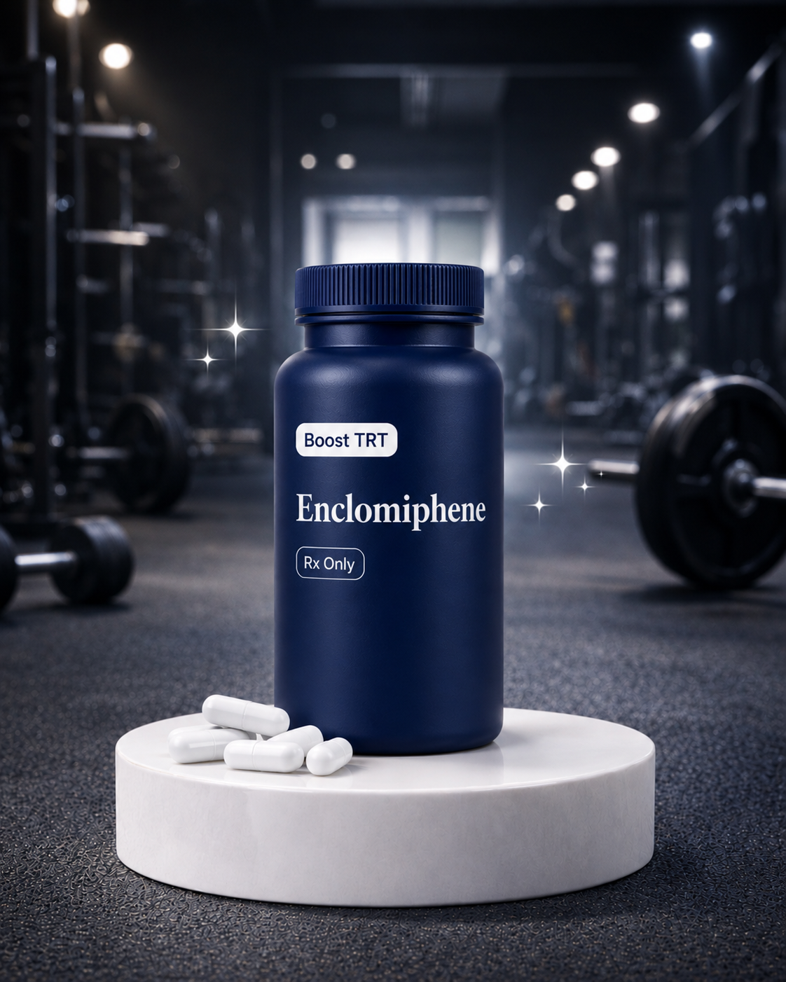A blue bottle labeled "Enclomiphene" with white pills in front, placed on a white circular platform in a gym setting with weightlifting equipment in the background.