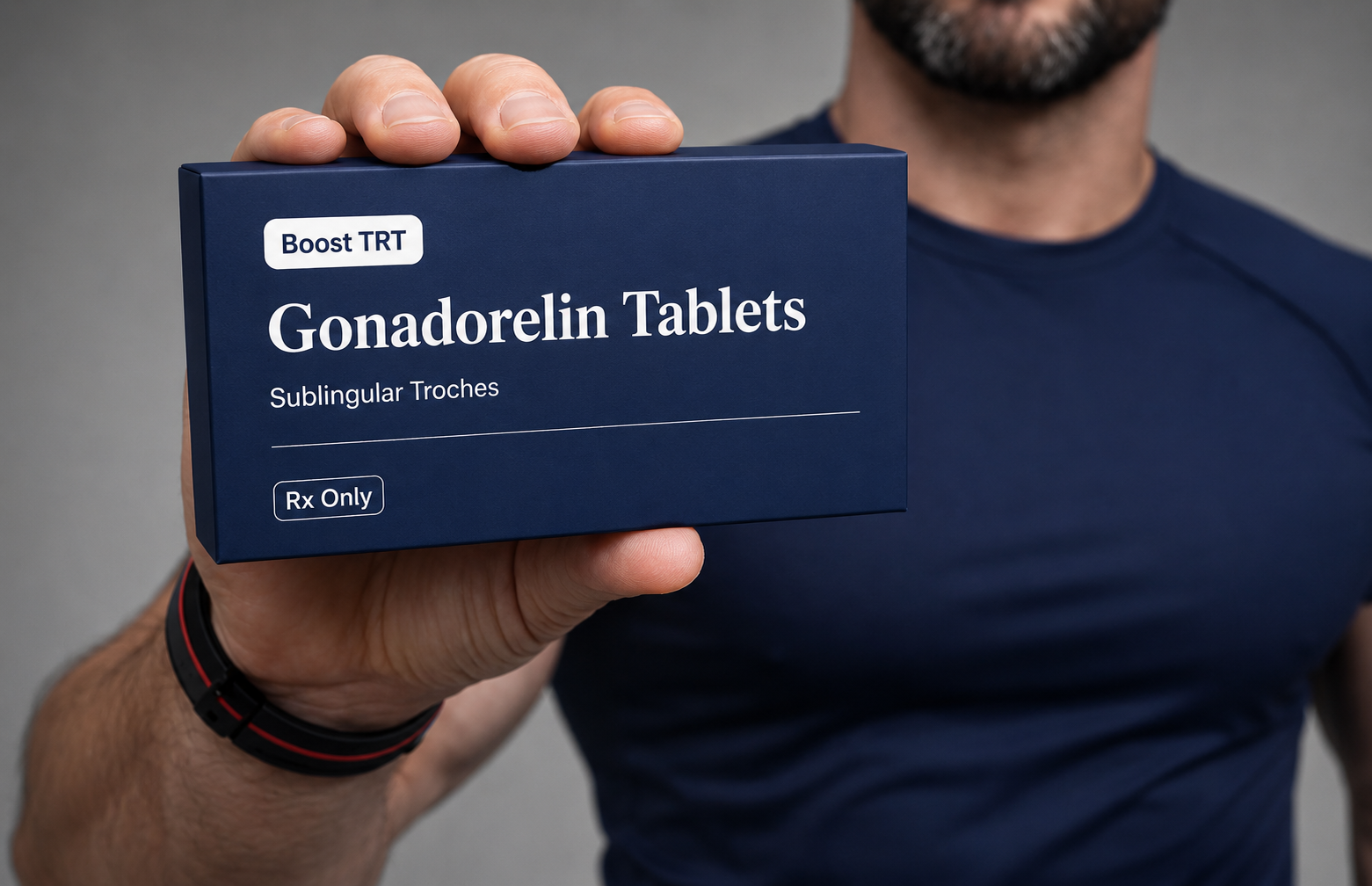 A man in a dark blue shirt holding a navy blue box labeled 'Lovely Meds Gonadorelin Tablets' with the subtitle 'Sublingual Troches' and 'Rx Only' in white text.