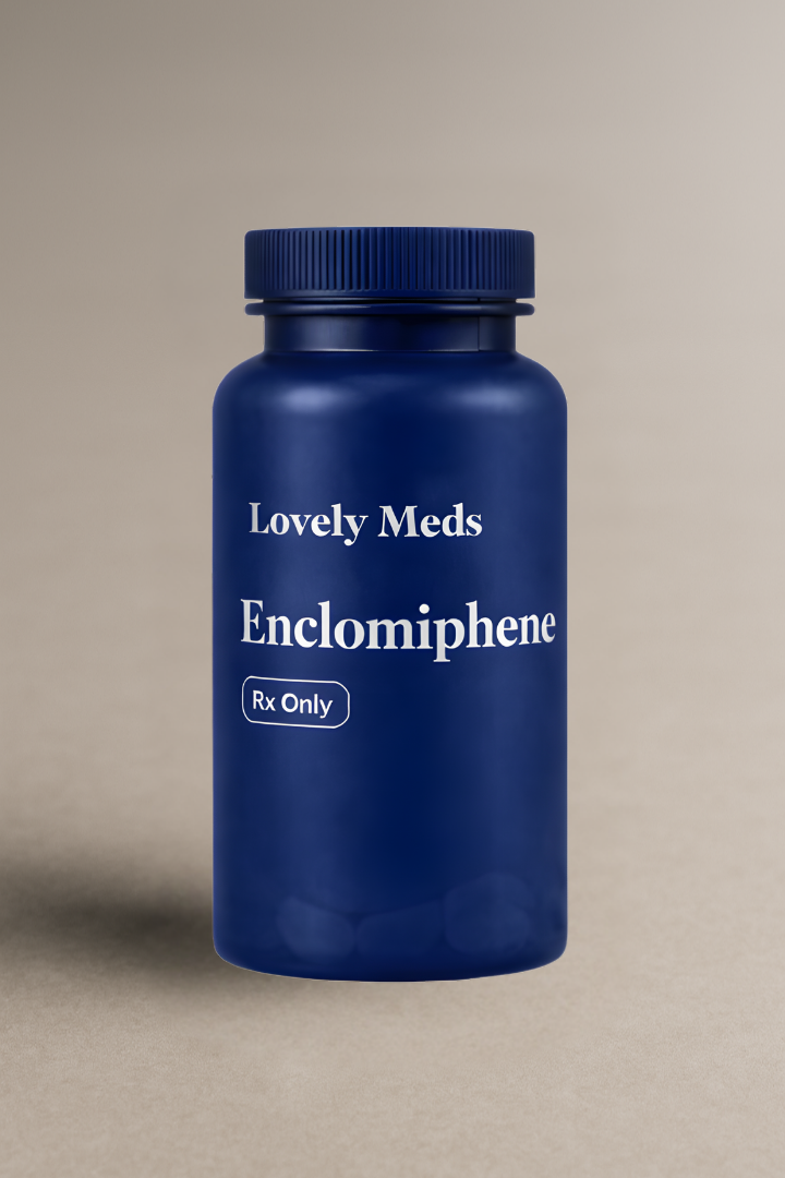 Blue medicine bottle labeled "Lovely Meds Enclomiphene Rx Only" against a beige background.