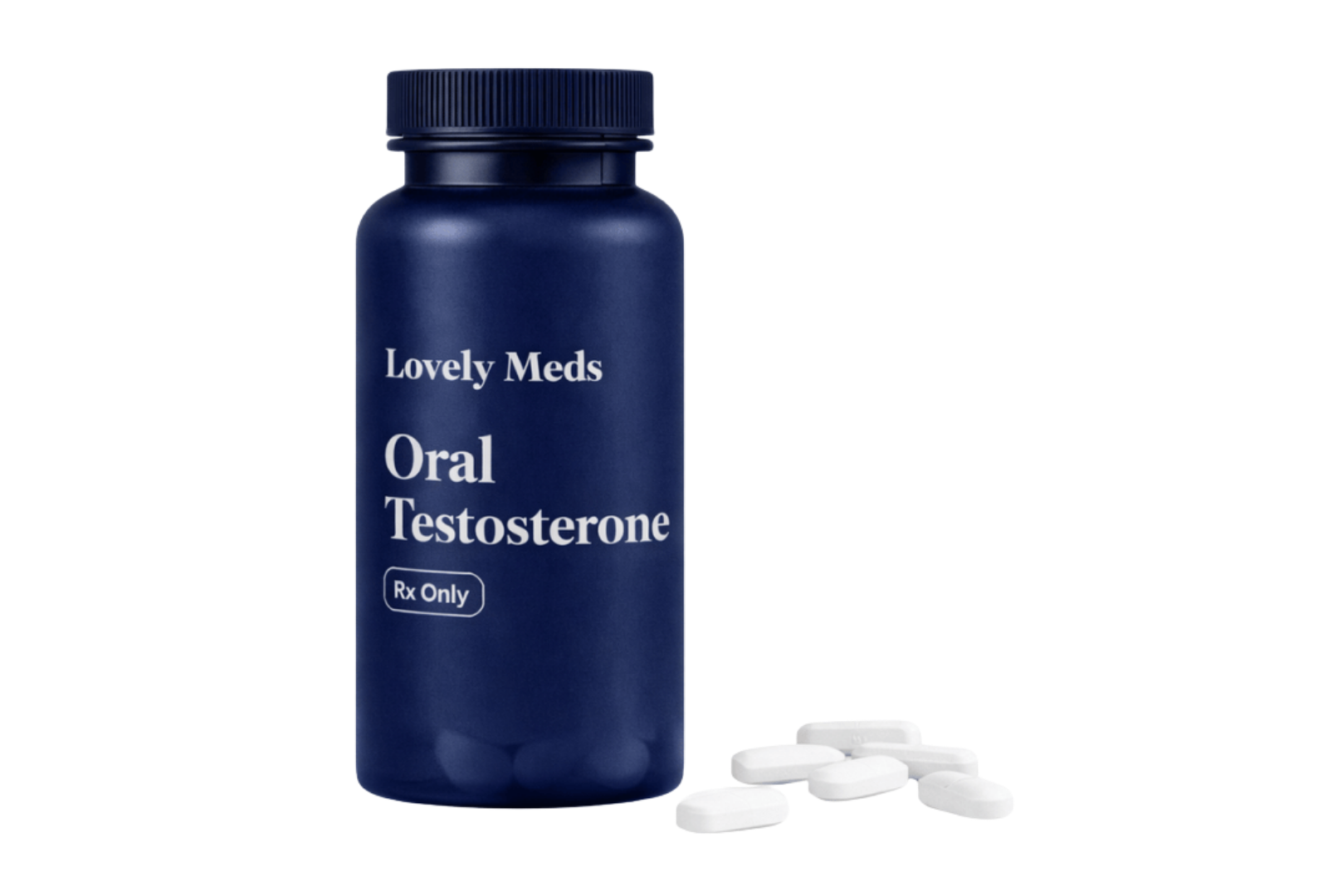 A blue bottle labeled "Lovely Meds Oral Testosterone" with white pills beside it on a black background.