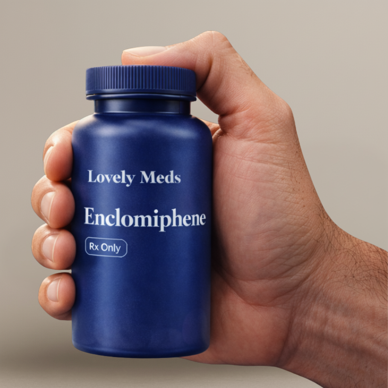 A hand holding a blue prescription medication bottle labeled 'Lovely Meds Enclomiphene Rx Only'.