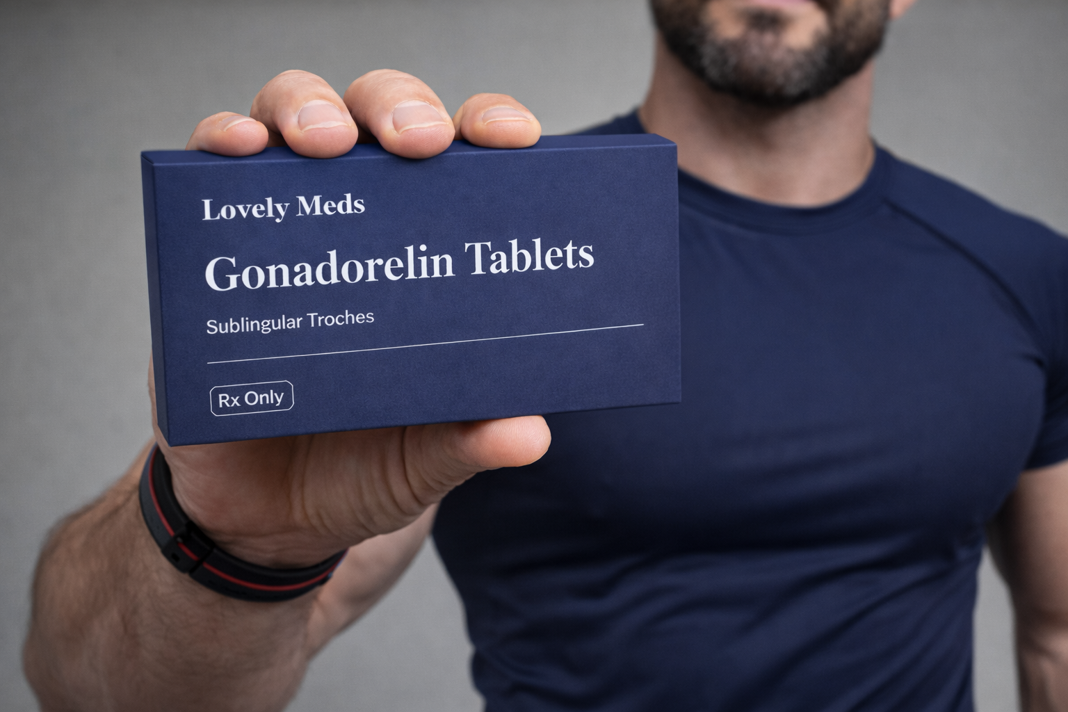 A man in a dark blue shirt holding a navy blue box labeled 'Lovely Meds Gonadorelin Tablets' with the subtitle 'Sublingual Troches' and 'Rx Only' in white text.