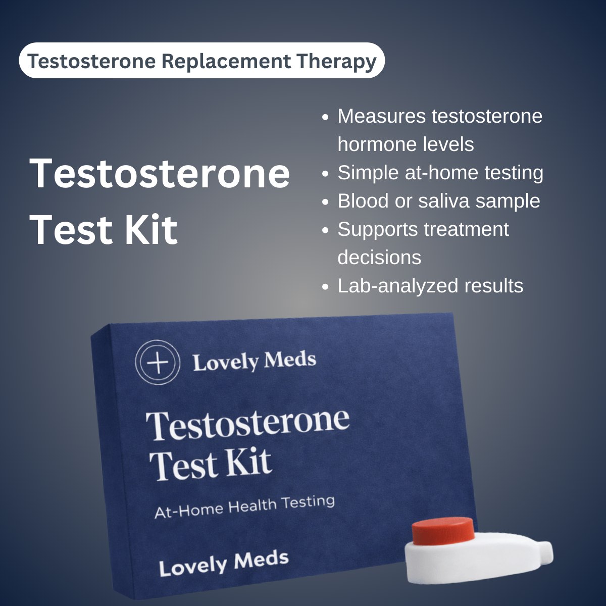 A promotional graphic for a testosterone test kit, showing a box labeled 'Testosterone Test Kit' and a sample collection container, with text highlighting features like hormone level measurement, at-home testing, blood or saliva samples, support for treatment decisions, and lab-analyzed results.