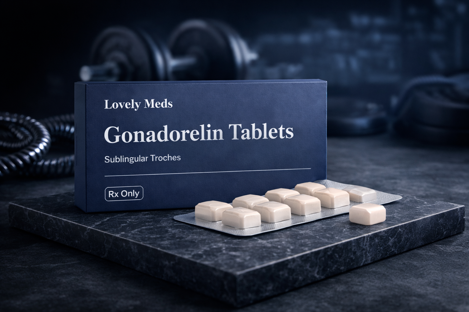 A dark blue box labeled "Gonadorelin Tablets" with smaller text "Lovely Meds" and "Sublingual Troches" positioned on a black marble surface, with a blister pack of white tablets in front and blurred dumbbells and other workout equipment in the background.