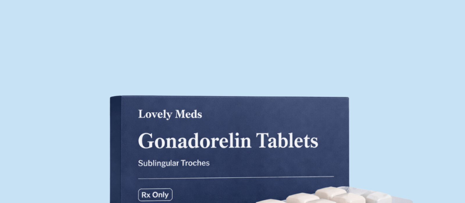 A blue box labeled 'Lovely Meds Gonadorelin Tablets Sublingual Troches' with white tablets partially visible in the foreground.