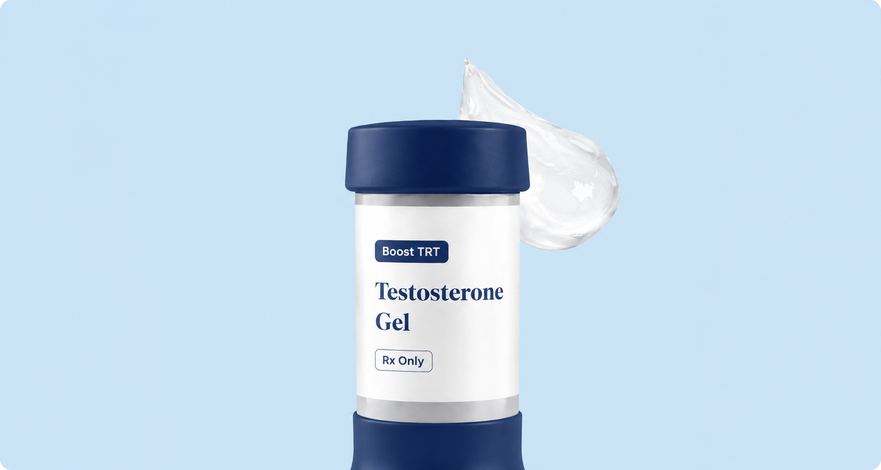 Container labeled 'Testosterone Gel' with a gel dollop next to it against a light blue background.