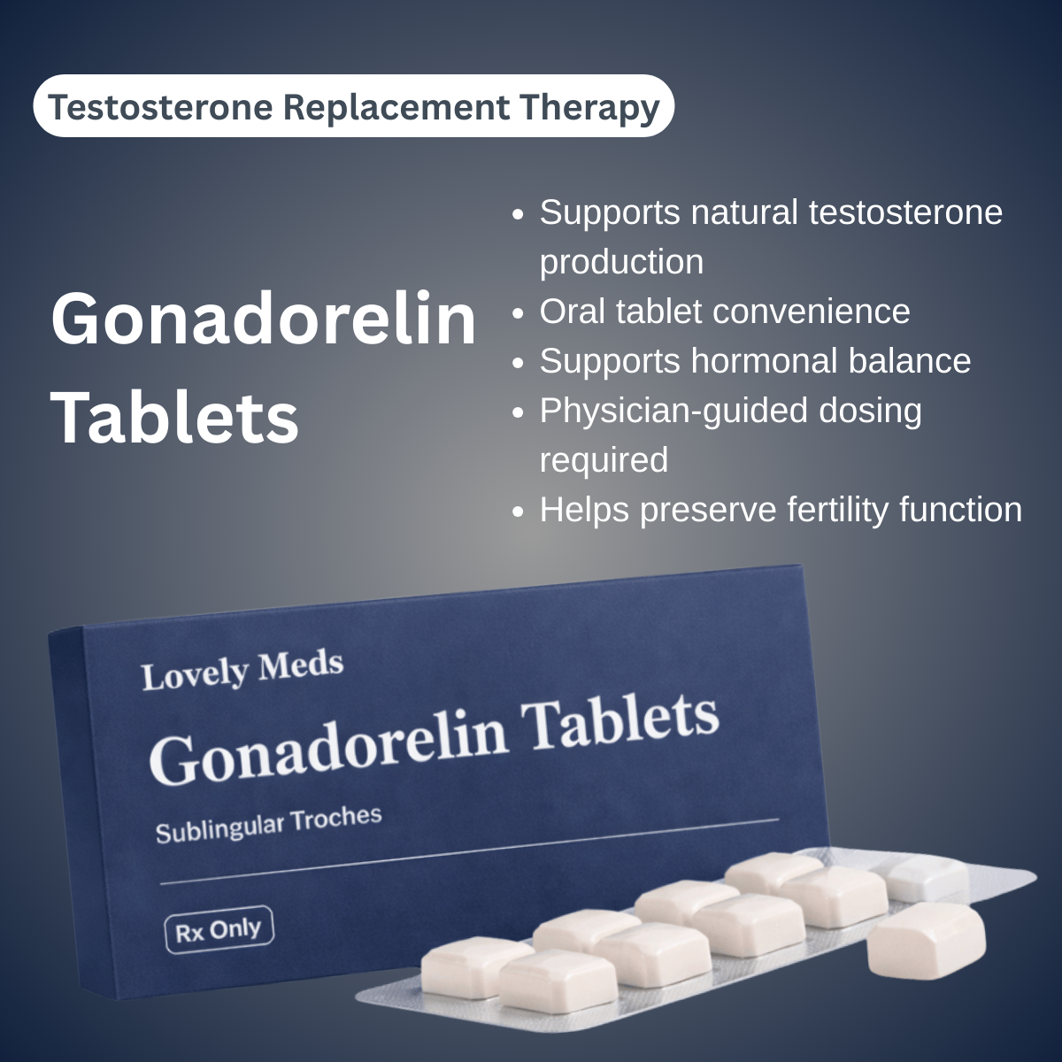 A promotional display for gonadorelin tablets highlighting their benefits for testosterone production, hormonal balance, fertility, and convenience with an image of the medication packaging and tablets.