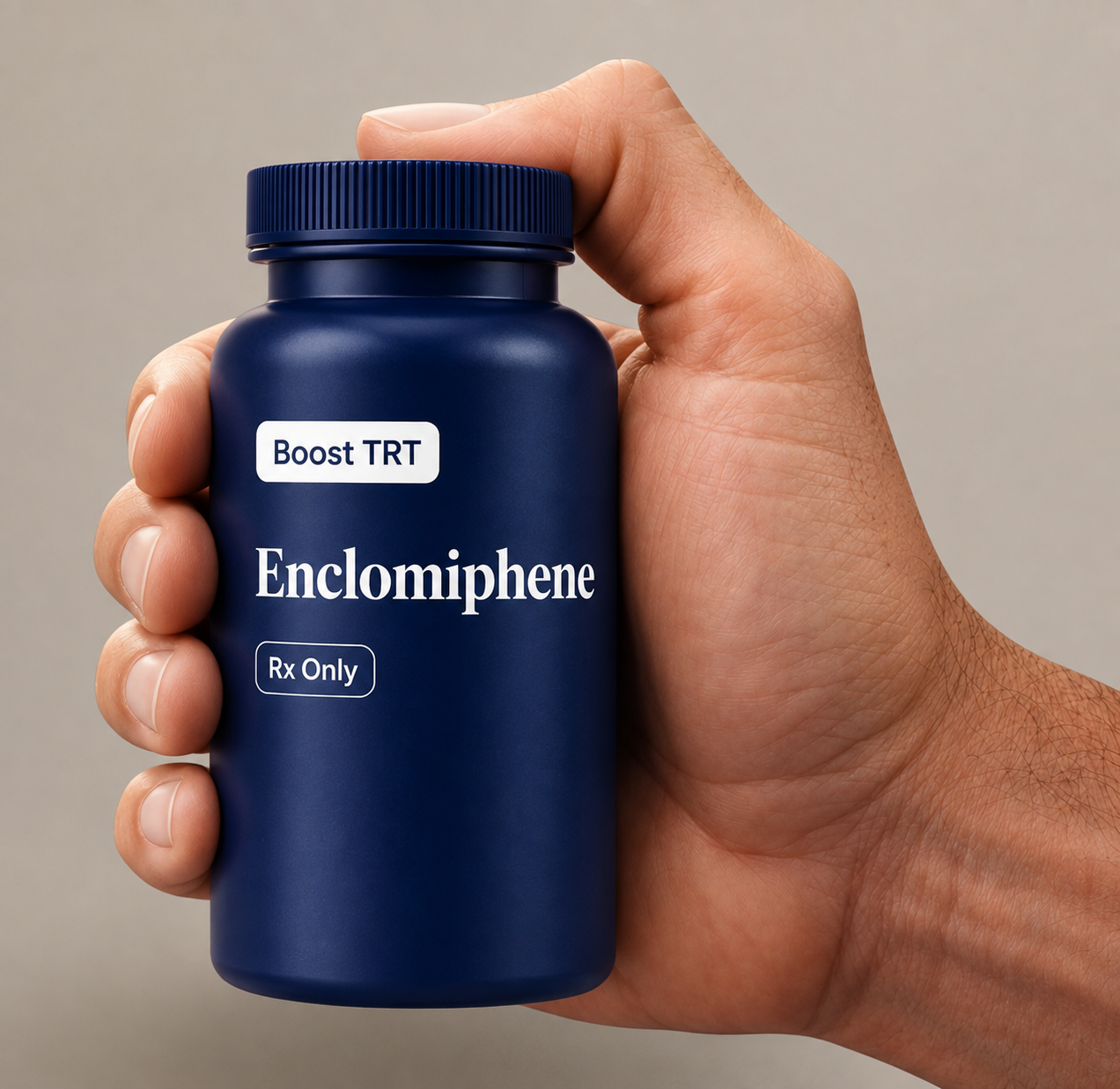 A hand holding a blue prescription medication bottle labeled' Enclomiphene Rx Only'.