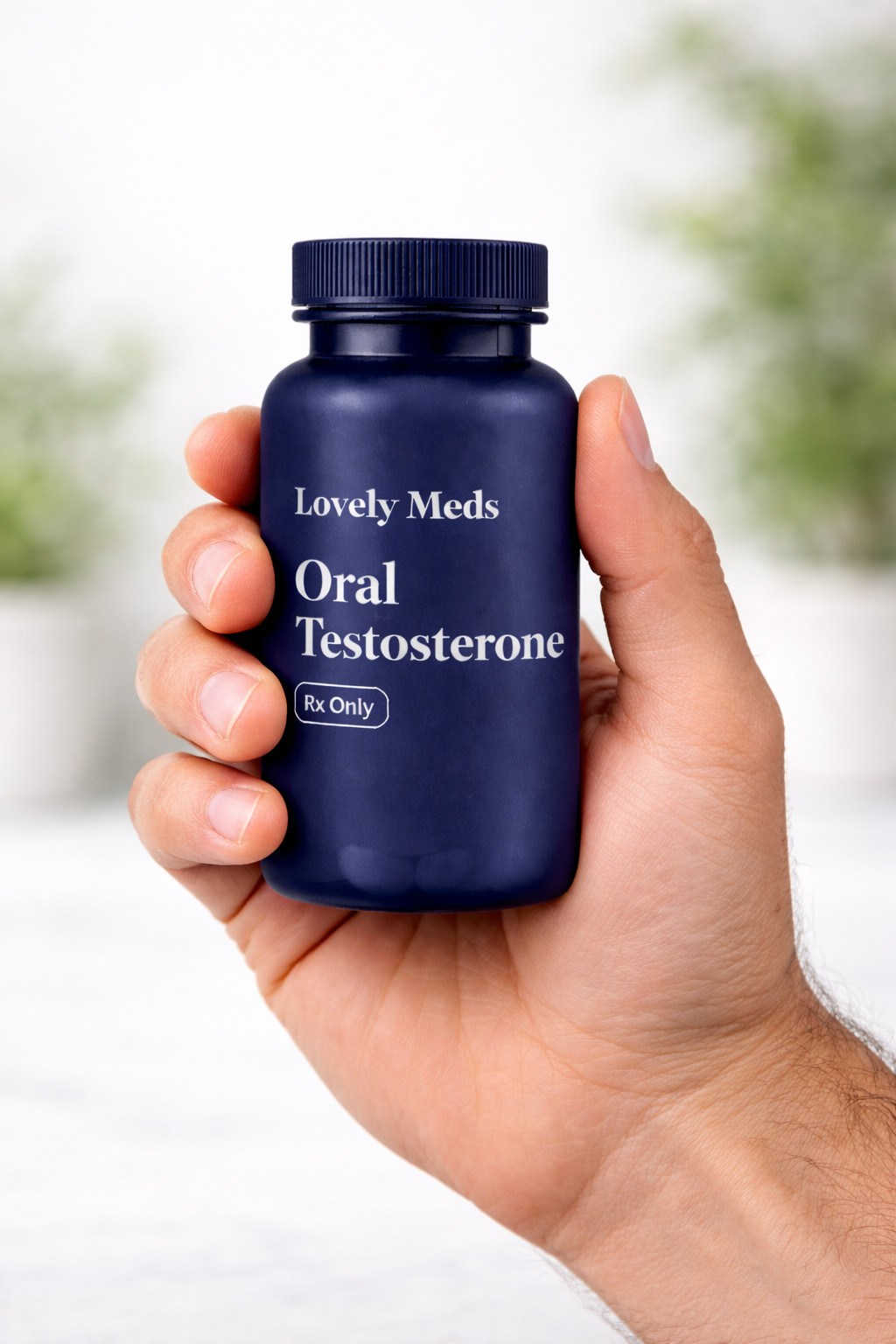 A hand holding a navy blue bottle labeled 'Lovely Meds Oral Testosterone' with a 'Rx Only' warning.