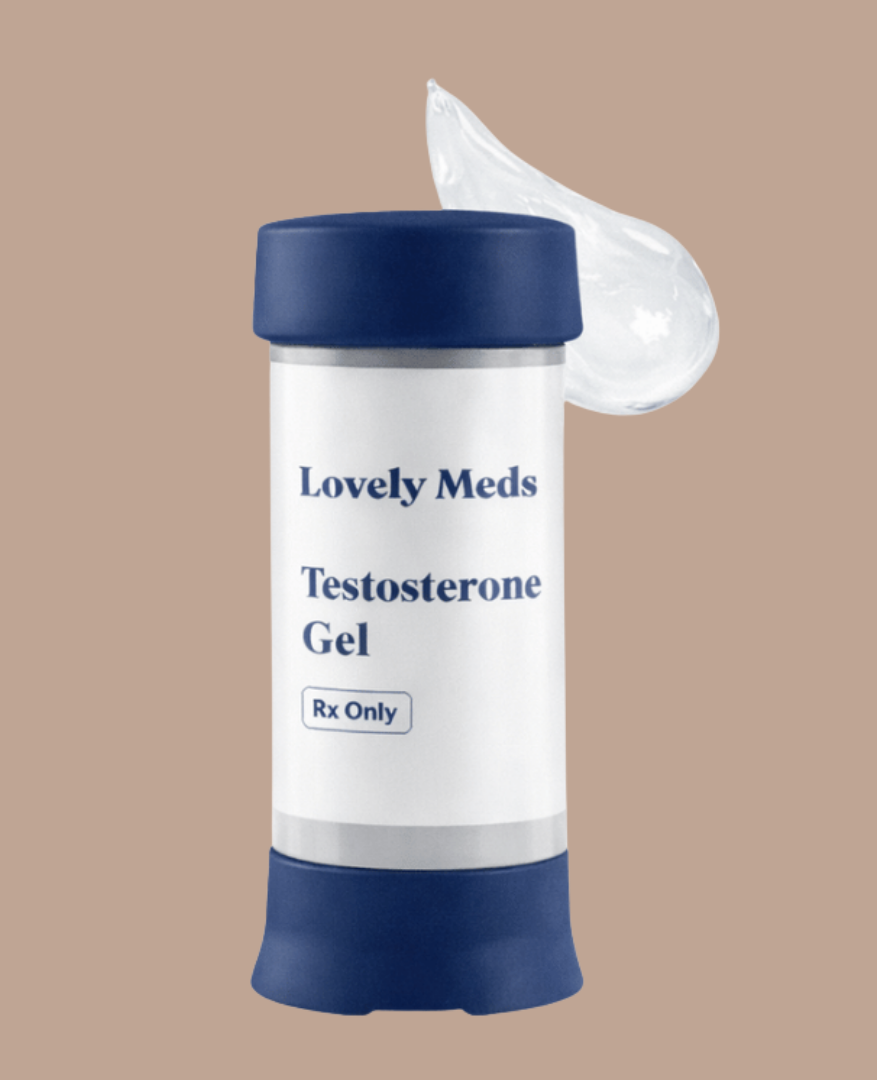 A white container labeled 'Lovely Meds Testosterone Gel' with a blue cap and base, beside a dollop of clear gel, against a beige background.