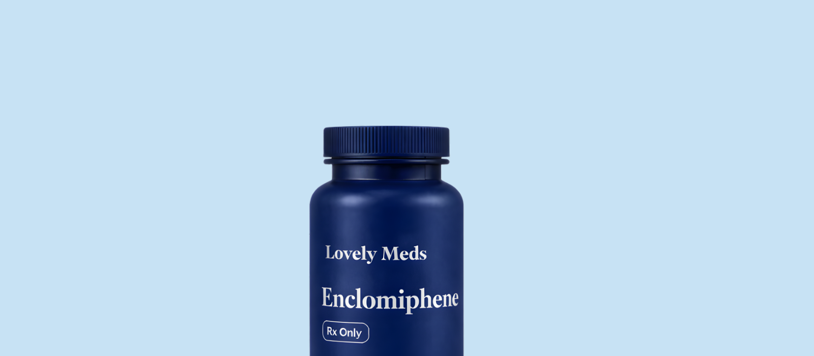 A blue medicine bottle labeled "Lovely Meds Enclomiphene" with a blue cap on a light blue background.