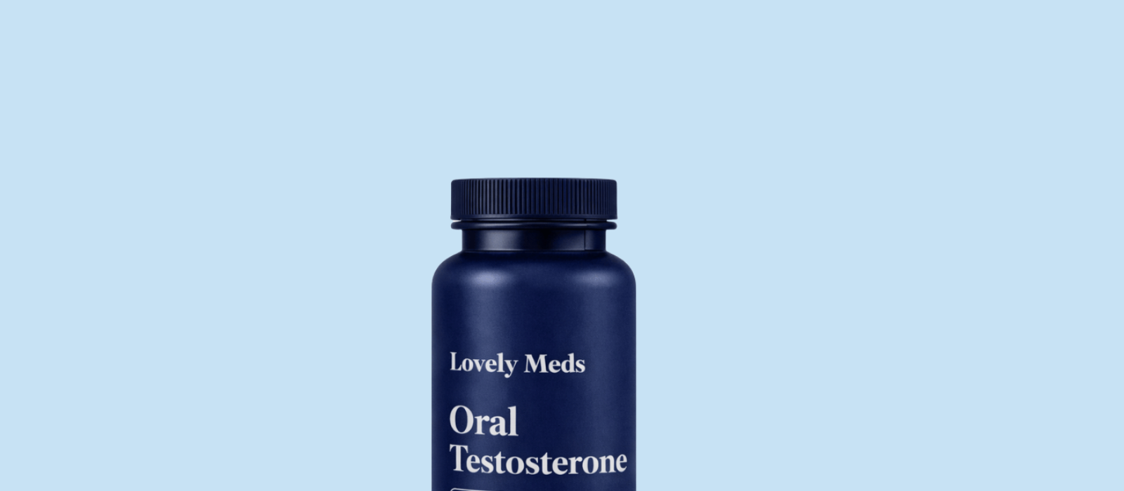 A dark blue bottle labeled "Lovely Meds Oral Testosterone" against a light blue background.