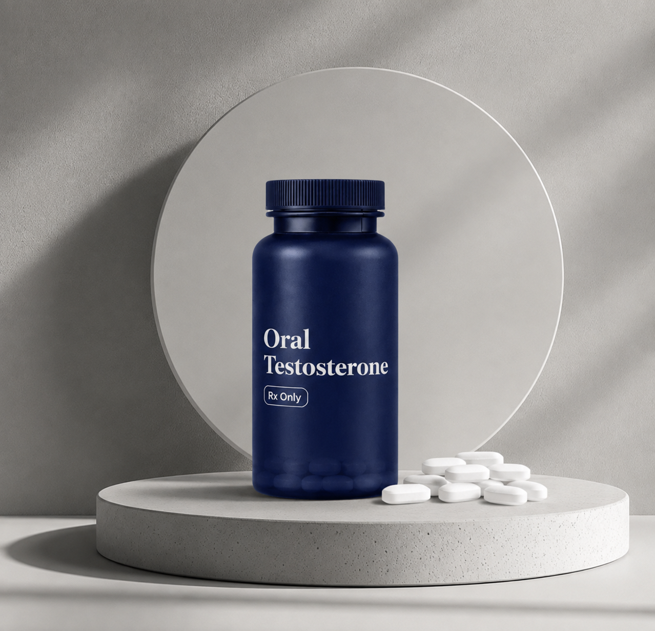 A blue bottle labeled "Oral Testosterone Rx Only" placed on a white platform with several white pills beside it, with a round mirror behind and a neutral background.