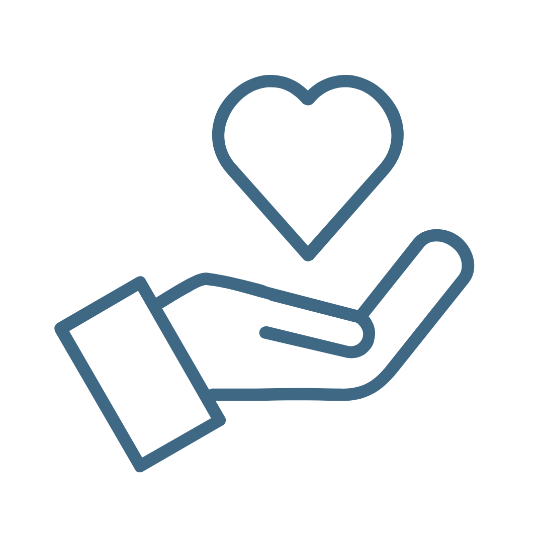 Outline of a hand holding a heart icon.