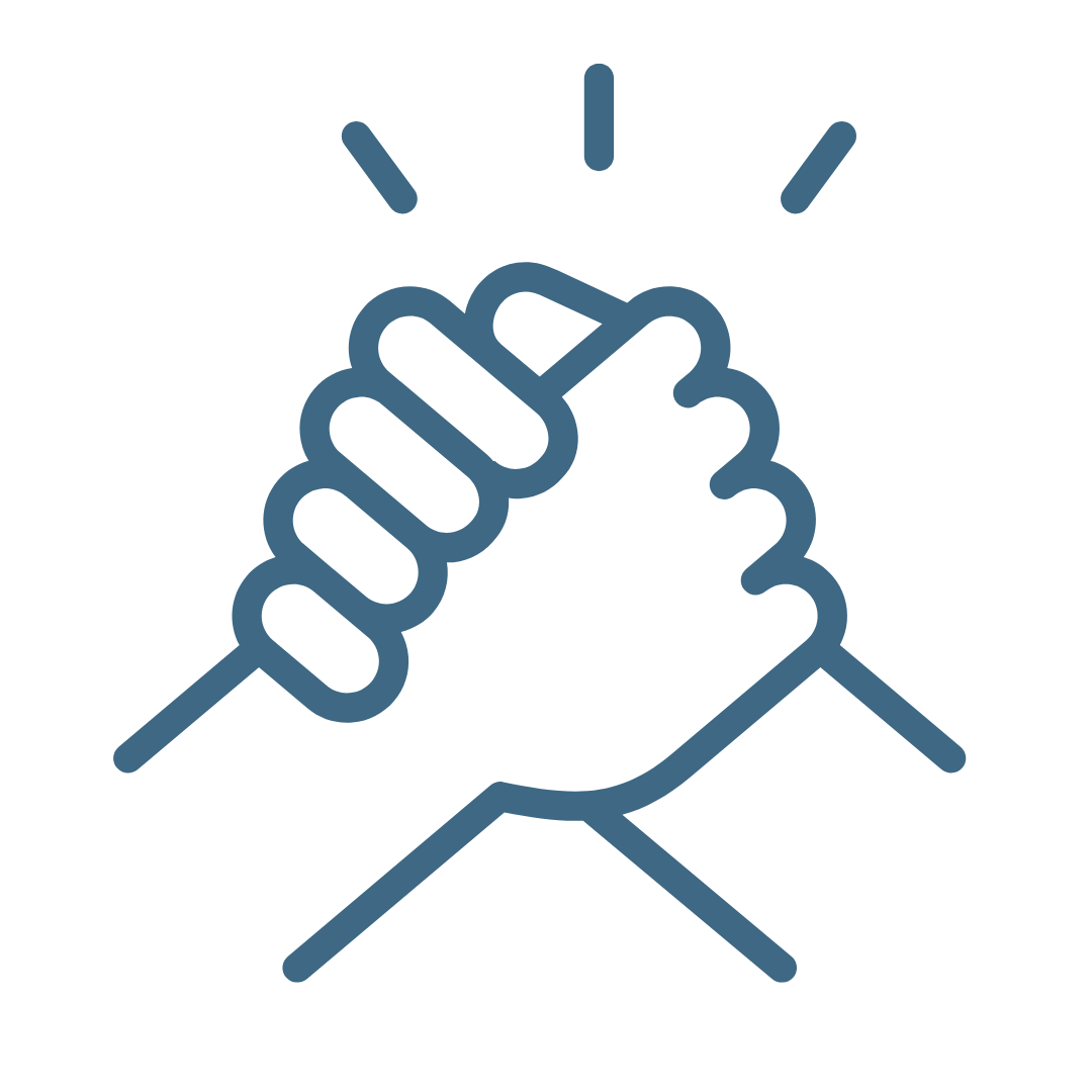 Outline of two hands clasped in a fist bump, with radiating lines above indicating emphasis or teamwork.