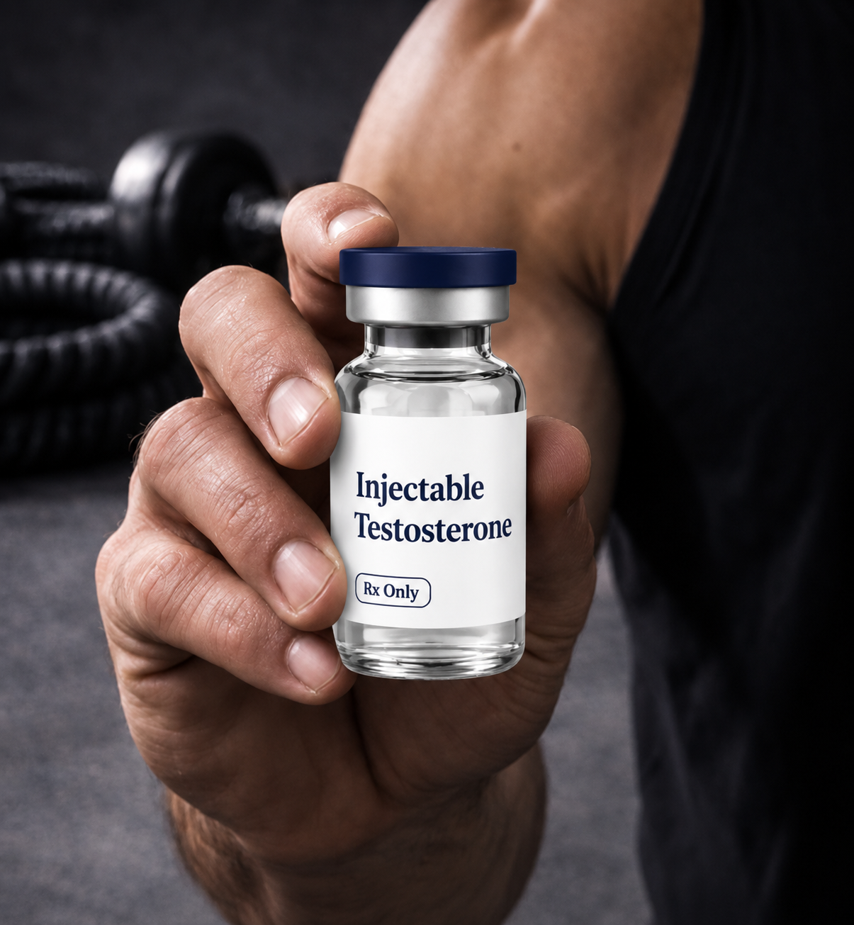 A person holding a small glass vial labeled 'Injectable Testosterone' with a blue cap and 'Rx Only' printed on it. In the background, there are gym equipment and weights.