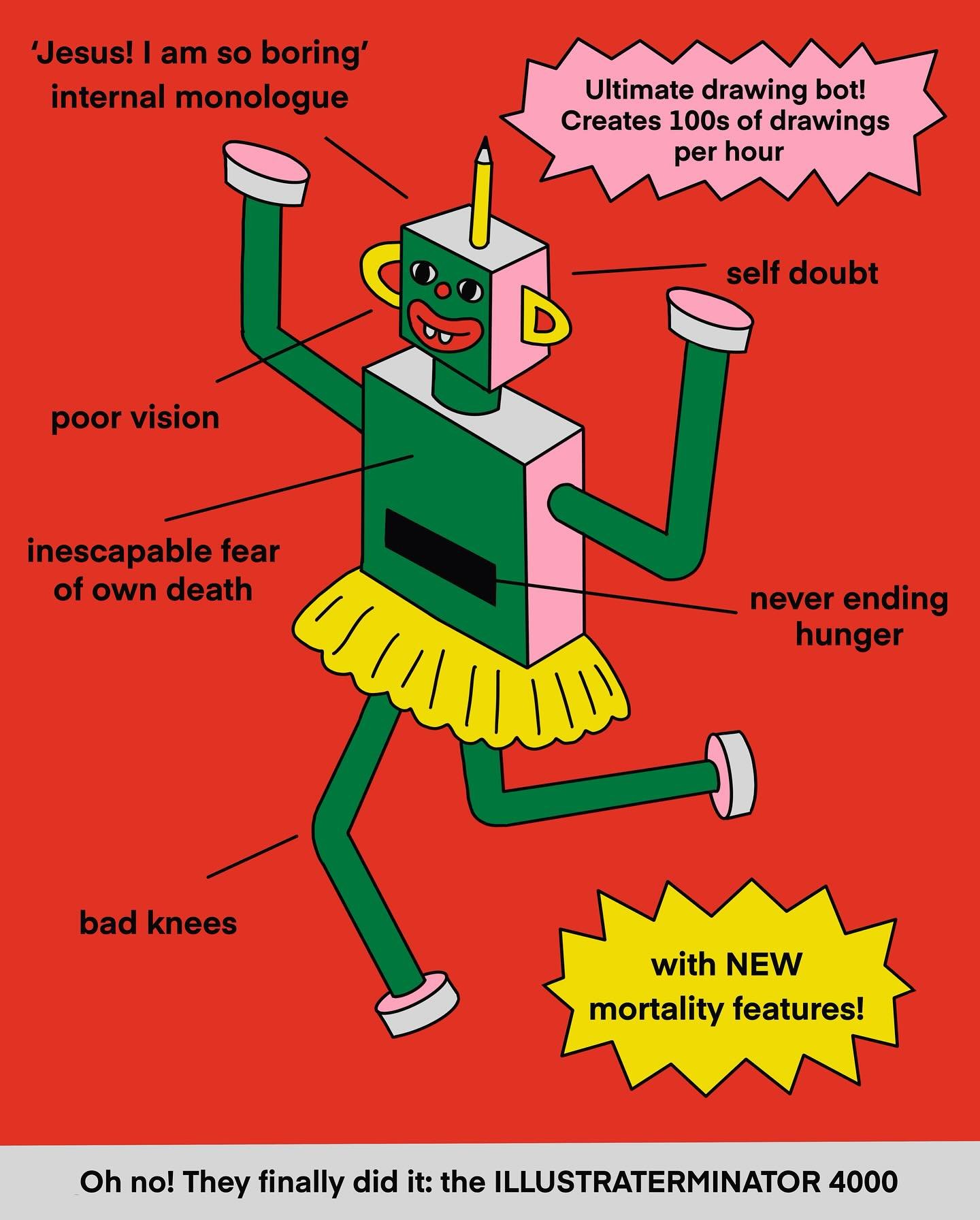 The bots are coming for illustrators, but I feel comforted that AI will never be able to recreate human creativity until it can replicate all our shortcomings and fears. And there will always be people who value that insight. Imagine if AI had to liv
