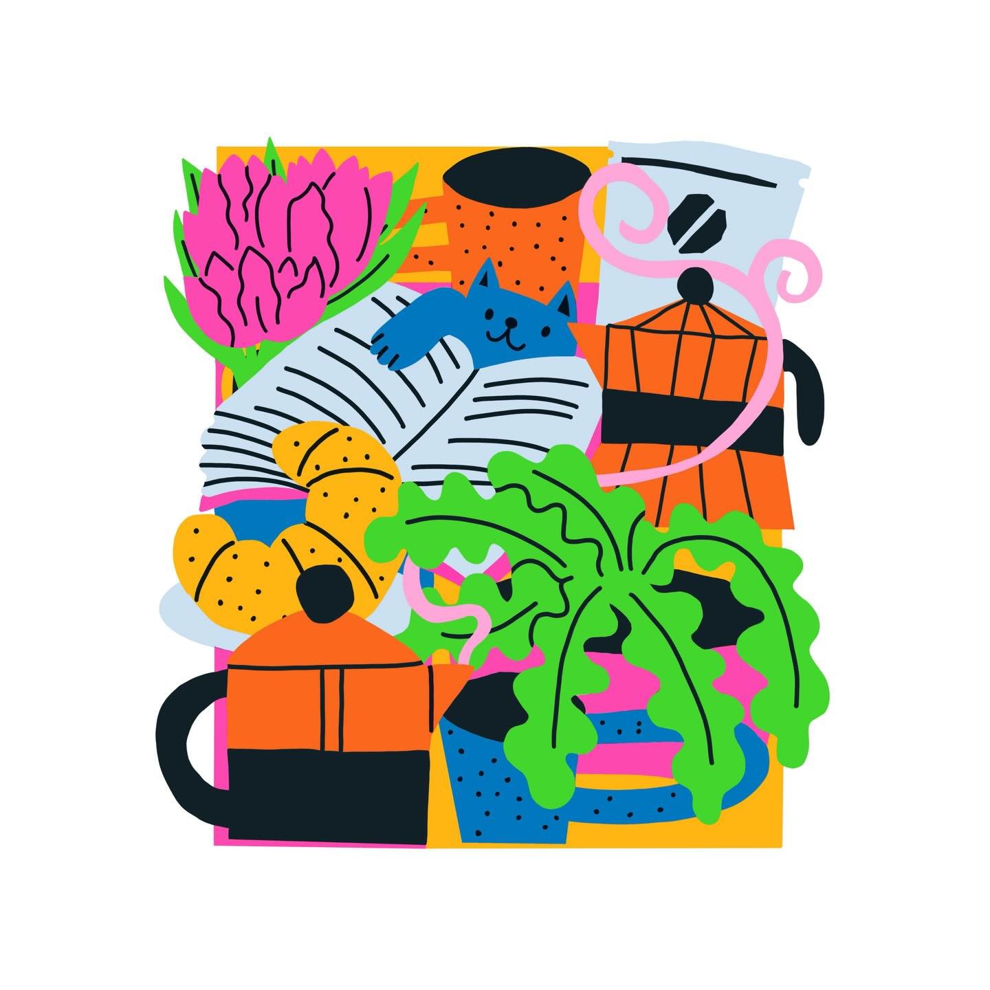 From design 👉🏼 #risograph print - 4 colour print in neon green, sunflower and blue and neon red, printed by @duplikatpress #catillustration #coffeeillustration #riso #risoprint - thinking about some new risograph designs for 2026, what do you recko