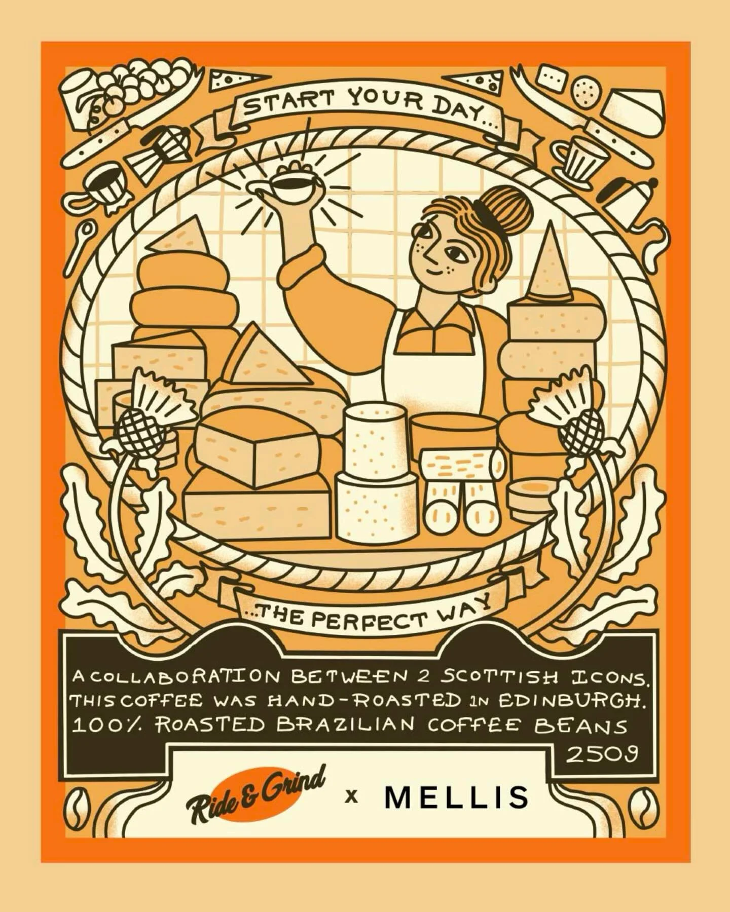 Packaging for the @mellischeeseltd x @ride.grind coffee. Heavily influenced by all wonderful things Edward Bawden - swipe to end to see in Mellis new London cheese shop of dreams #packaging #packagingillustration #foodillustrator #foodillustration #c