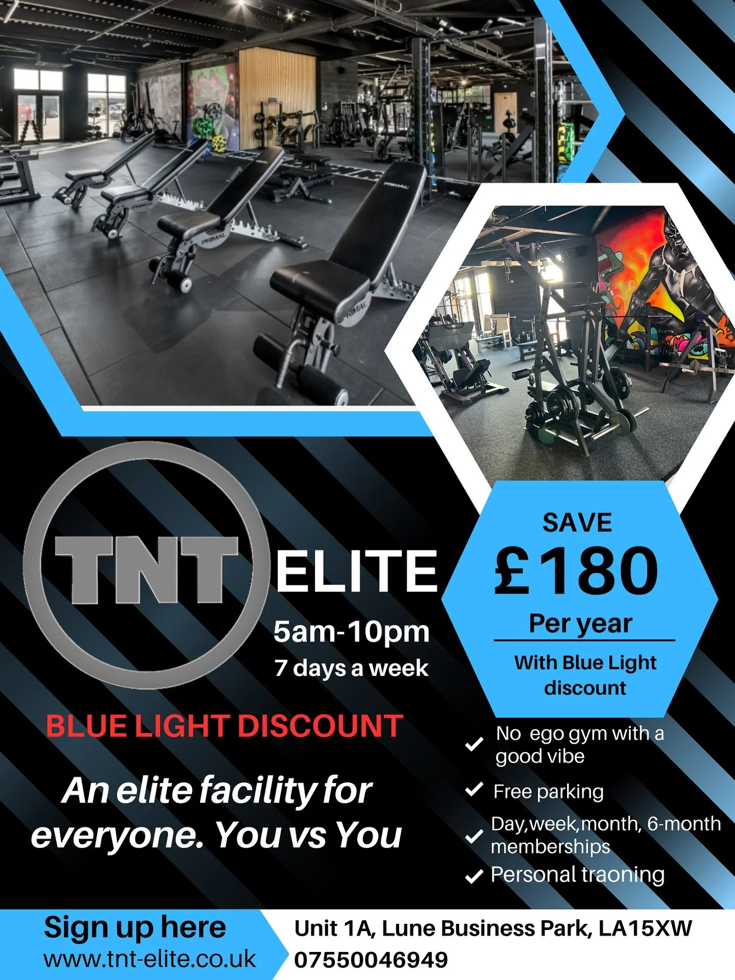 Blue light discount offering an amazing saving to show our appreciation for your service. We also offer free parking &amp; 5am-10pm 7 days a week to accommodate those shifts. Come join TNT an Elute facility for everyone.