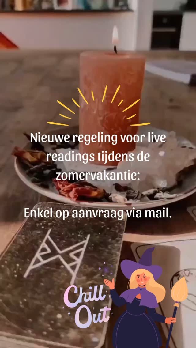 Tijdens de zomervakantie geldt er een nieuwe regeling voor live readings!!!
Als je deze manier van reading verkiest, nodig ik je uit om een mailtje te sturen met de momenten en dagen die voor jou goed zouden werken. We zoeken dan samen naar een gepa