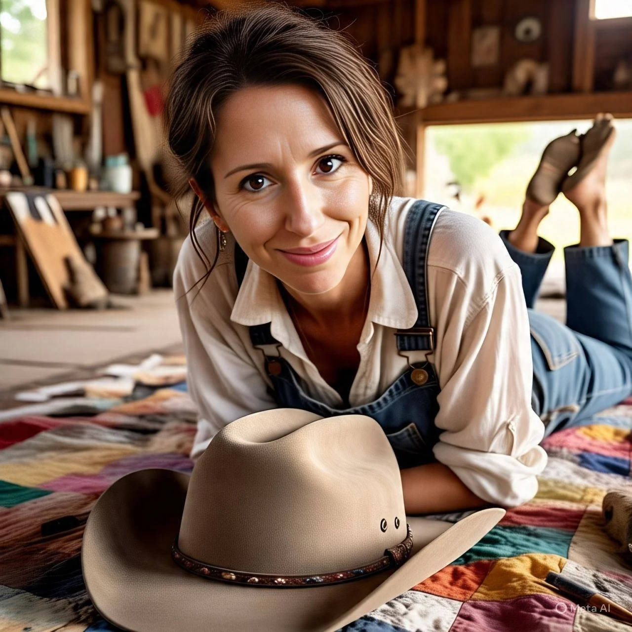 Woman lying on a colorful quilt on the floor of a rustic wooden workshop with a beige cowboy hat in front of her, smiling at the camera.