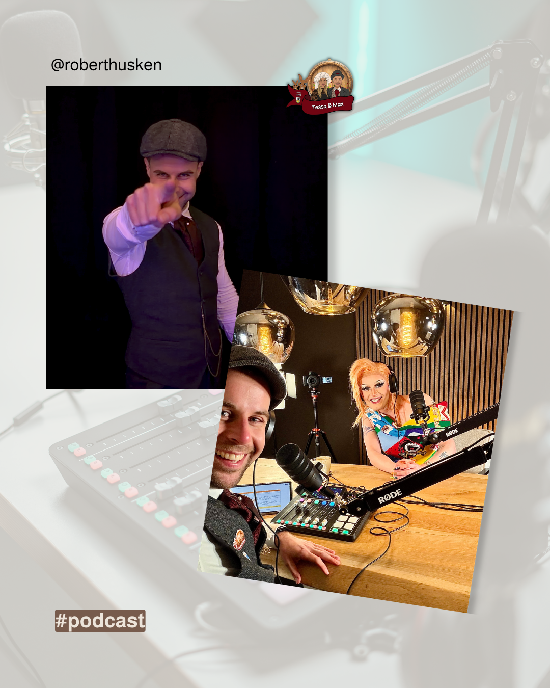 Foto van een podcast opname met drie mensen. Een man met een pet en een vrouw met gekleurd haar zitten voor microfoons, met opname apparatuur en een laptop. Een man in een vest wijst naar de camera.