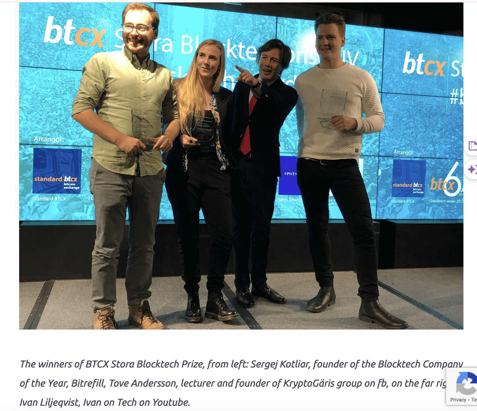 Ivan on Tech and Tove Andersson received 'The Big BlockTech Award' from Sweden's largest crypto exchange, BTCX. Tove received the award for building KryptoGäris, the largest network for women in crypto in Europe at the time.