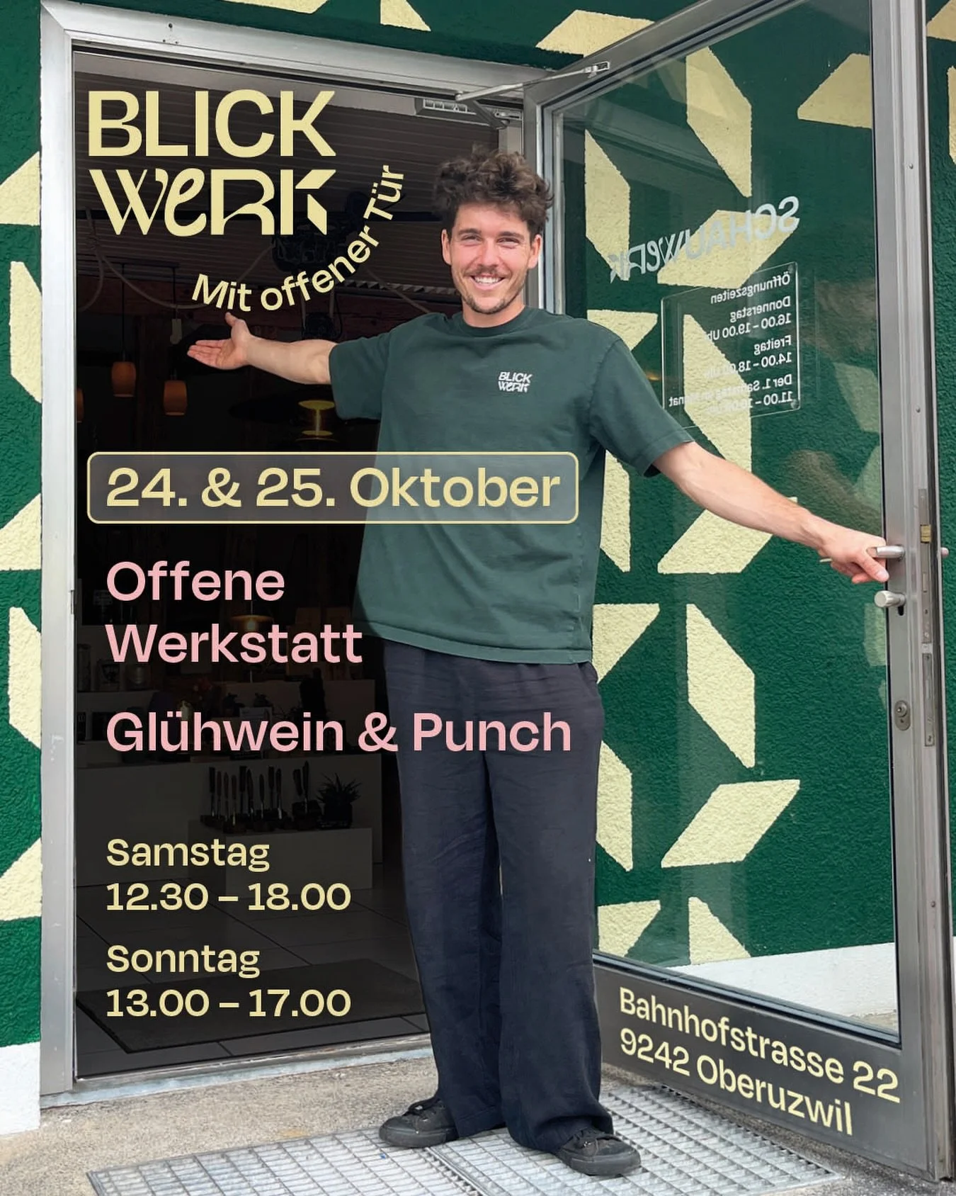 Tage der offenen T&uuml;r w&auml;hrend der Chilbi Oberuzwil
&ndash; Offene Werkstatt
&ndash; Sonntagsverkauf
&ndash; Gl&uuml;hwein &amp; Punch

Kommt vorbei! Wir offerieren dem Wetter zu Liebe Punch und Gl&uuml;hwein. 😄🍂

Wir freuen uns, bis bald. 