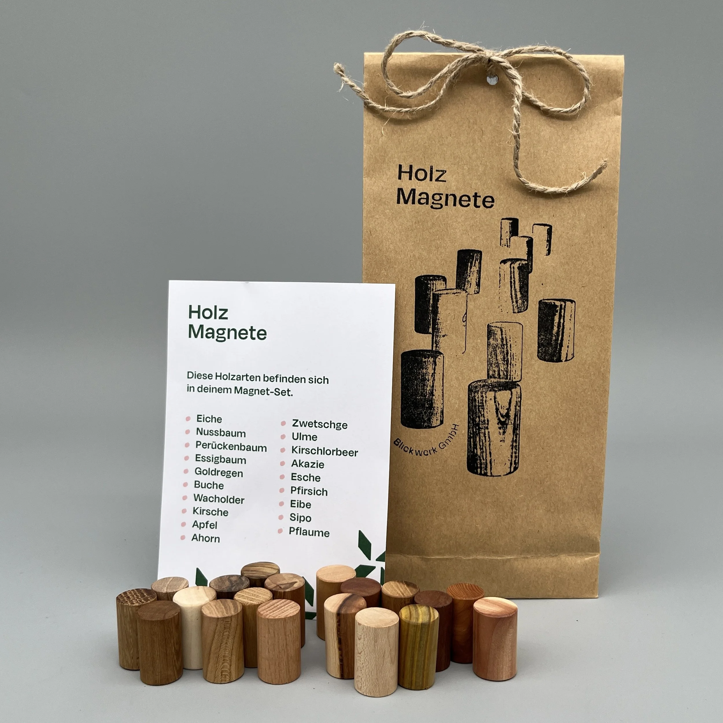Holzmagnete – Set mit 19 verschiedenen Holzarten