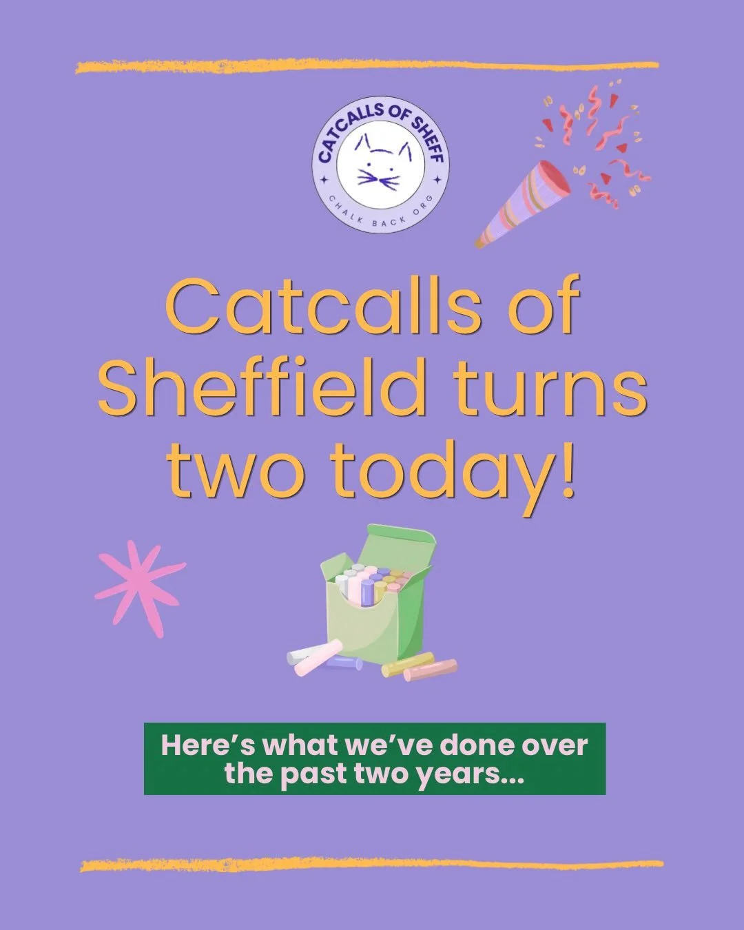 📣Today is two years since we began Catcalls of Sheffield!

Over the past two years, we've aimed to raise awareness about harassment in all its forms and denormalise it. We've done this through amplifying experiences of harassment that have occurred 