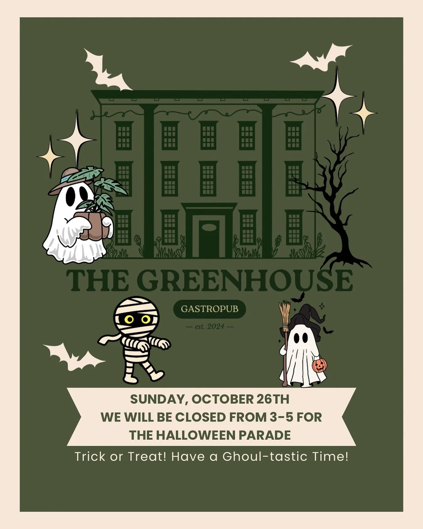 🎃 Heads up, Greenhouse friends! 🌿 We&rsquo;ll be closed from 3&ndash;5 PM this Sunday, October 26th for the Main Street Halloween Parade 👻.
Join us for brunch before the parade or dinner after, but during the festivities we&rsquo;ll be outside han