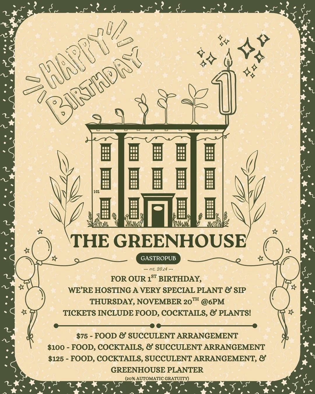 Join us as we celebrate our very first birthday with a special plant &amp; sip event! 
🪴
Guests will enjoy delicious food, tasty fall cocktails, and the chance to create their very own custom succulent arrangement! 
🪴
Want to make it a little extra