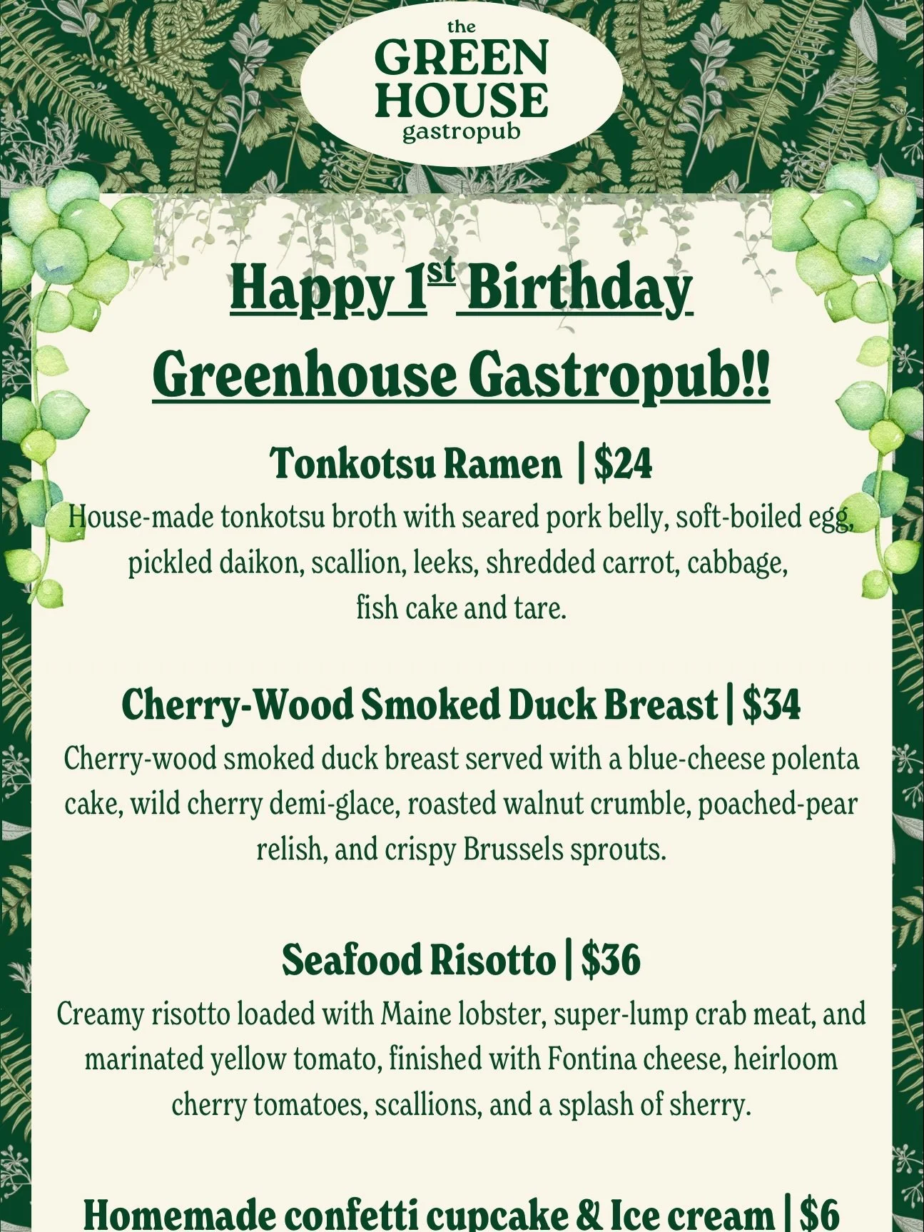 🌿✨ The Greenhouse Gastropub is officially ONE year old! ✨🌿
🎊

Today we&rsquo;re celebrating not just a milestone, but a full year of community, creativity, and countless memories shared inside our little plant-filled home on Main Street.
🪴
From d